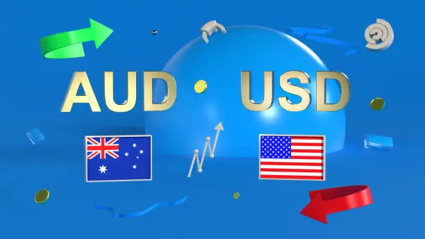 Gold-plated AUD and USD symbols with Australia and US flags set against abstract shapes, arrows and charts. 3D rendering. Finance concept, forex