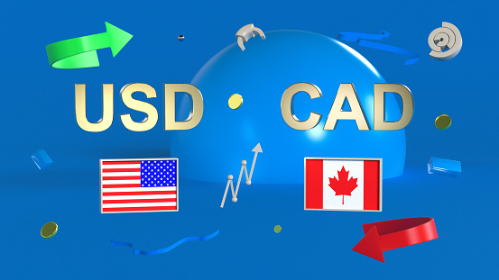 Gold-plated USD and CAD symbols with US and Canada flags set against abstract shapes, arrows and charts. 3D rendering. Finance concept, forex