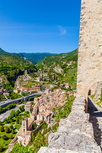 View of the old town of Entrevaux, a mediaeval walled town with a Citadel perched on the top of a rocky hill