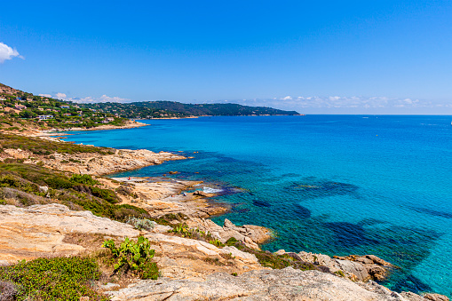 Rocky landscape and clear waters at the Saint-Tropez Peninsula, in southern France