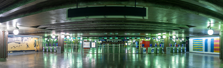 panoramic image of the access hall to the metro station Oriente in Lisbon.