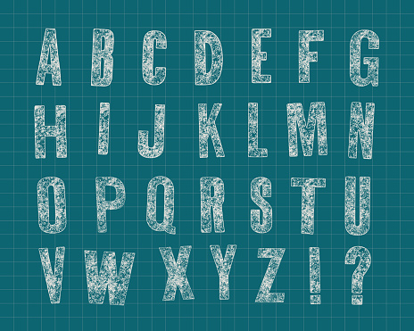 Vector weathered capital alphabet. White stamped letters on dark green graph background.