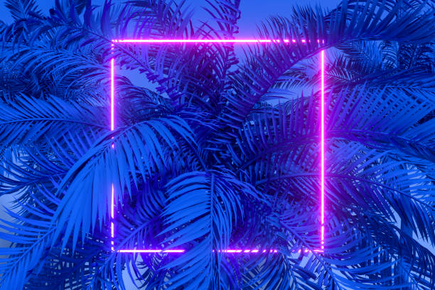 istock Tropical palm tree leaves with neon lightning frame, abstract background 1494044871