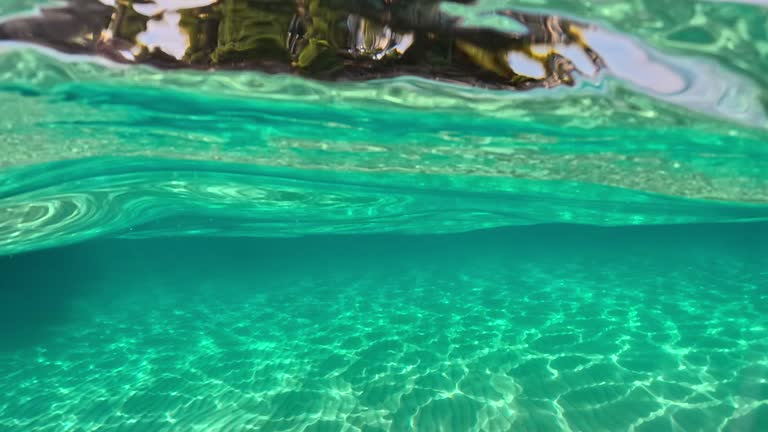 Crystal clear sea water in Sitonia, Halkidiki, Greece. Shot from border of air and water with dome. Half underwater slow-motion view of sandy beach bottom and rock with trees