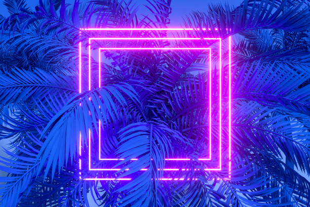 istock Tropical palm tree leaves with neon lightning frame, abstract background 1494045057