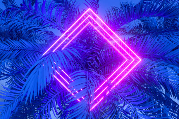 istock Tropical palm tree leaves with neon lightning frame, abstract background 1494045221