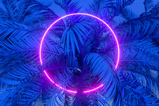 istock Tropical palm tree leaves with neon lightning frame, abstract background 1494046273