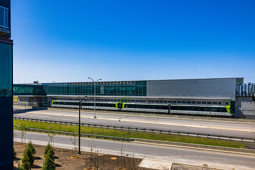 The REM's Azure train on the south shore in the city of Brossard