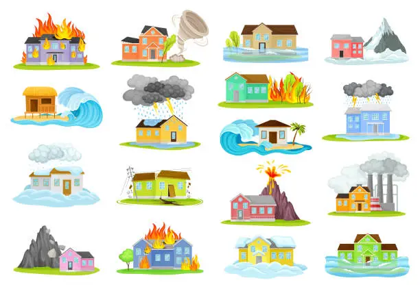 Vector illustration of House Suffer from Natural Disaster and Cataclysm Big Vector Set