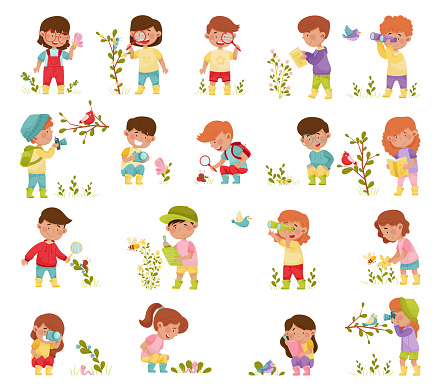 Cute Kid Characters Exploring Nature and Environment Big Vector Set. Curious Little Children Discovering Outdoor Flora and Fauna