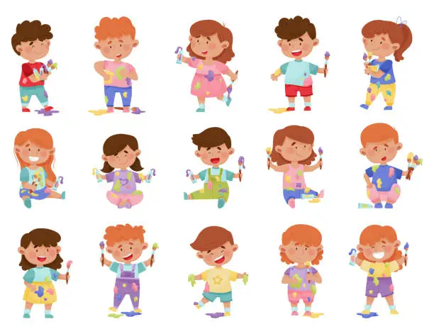 Vector illustration of Kids Painters with Paint Splashes, Blobs and Brush Big Vector Set