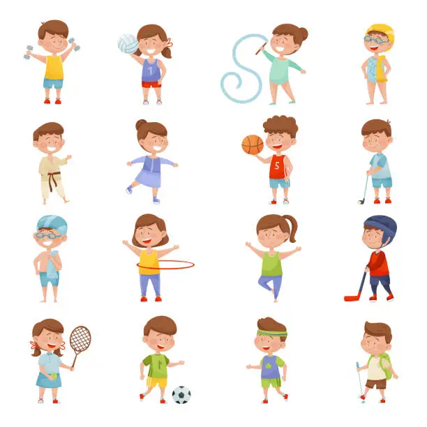 Vector illustration of Happy Children Doing Different Sport and Physical Exercise Big Vector Set