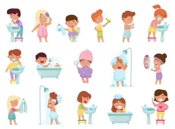 illustrations, cliparts, dessins animés et icônes de petits enfants prenant un bain et lavant le corps big vector set - brushing teeth