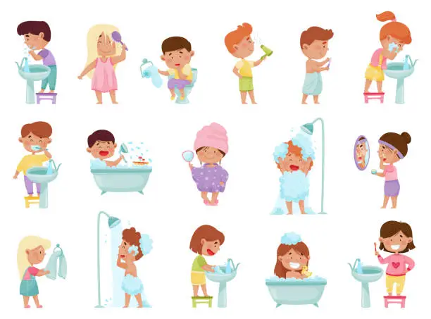 Vector illustration of Little Kids Taking Bath and Washing Body Big Vector Set