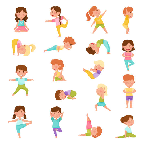 ilustrações de stock, clip art, desenhos animados e ícones de little children doing yoga standing in asana breathing big vector set - small gymnastics athlete action