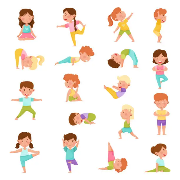 Vector illustration of Little Children Doing Yoga Standing in Asana Breathing Big Vector Set