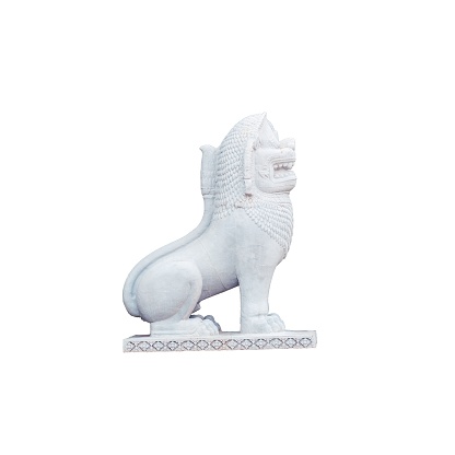 White sculptural image of an Asian lion, Indochinese sculpture style, isolate.