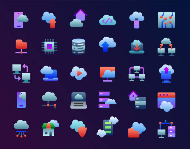 ilustrações de stock, clip art, desenhos animados e ícones de cloud server, cloud computing, wireless technology, data analyzing flat gradient icons set - exchanging connection symbol computer icon