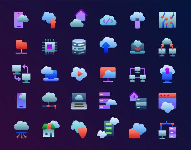 Vector illustration of Cloud Server, Cloud Computing, Wireless Technology, Data Analyzing Flat Gradient Icons Set
