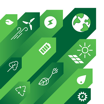 Arrows with green or clean energy icons pointing upwards, symbolising growth of renewable power in the global energy system. Renewable electricity production. Simple, flat illustration.