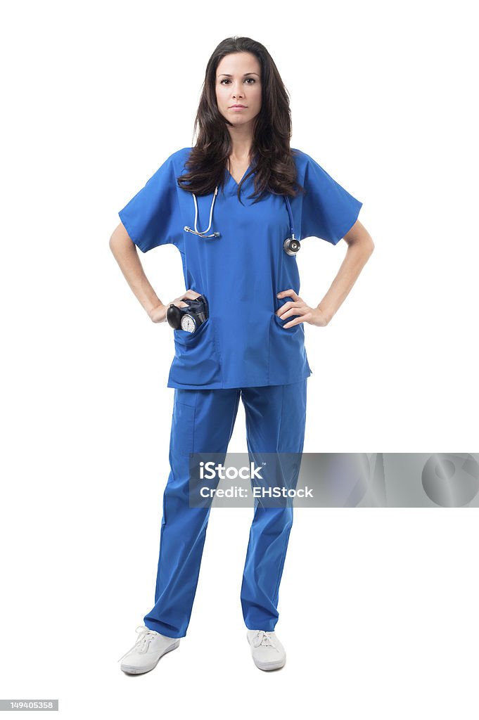 Médico enfermeira com Uniforme Hospitalar e Estetoscópio isolado em fundo branco - Royalty-free Medidor de Tensão Arterial Foto de stock