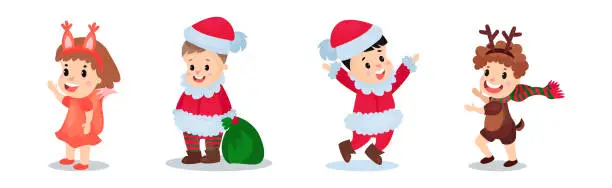 Vector illustration of Cute Kids Character Wearing Christmas Costume Vector Set