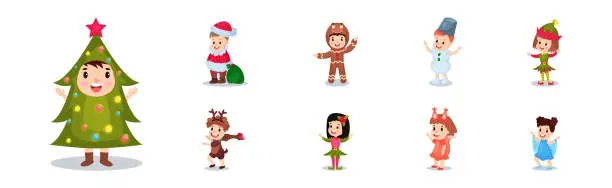 Vector illustration of Cute Kids Character Wearing Christmas Costume Vector Set