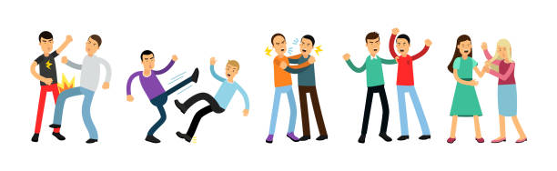 ilustrações, clipart, desenhos animados e ícones de brigando entre homens e mulheres lutando e gritando um com o outro vector illustration set - warring