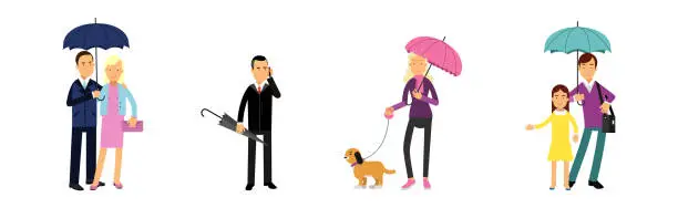 Vector illustration of Happy Man and Woman Walking with Umbrella in Rainy Day Vector Set