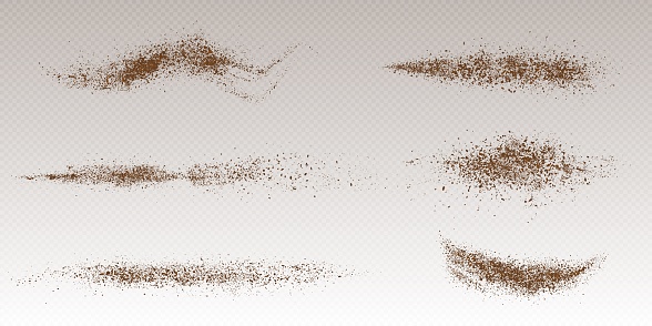 Isolated flying cocoa powder top view on transparent background. Brown coffee dust particles vector texture. 3d arabica granule explode illustration. Realistic caffeine grainy stroke design template