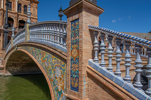 Seville, Spain - Apr 5, 2019: Aragon Bridge (Puente de Aragon) at Plaza de Espana - Seville, Andalusia, Spain