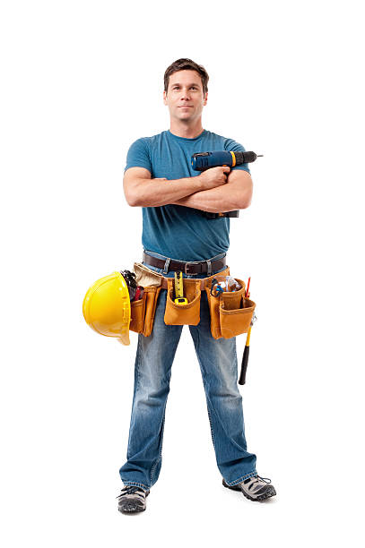 construção empreiteira carpinteiro isolado em fundo branco - manual worker full length isolated on white standing imagens e fotografias de stock