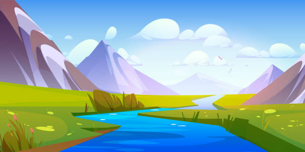 River water stream and mountain summer landscape. River water stream and mountain view landscape illustration. Beautiful vector cartoon outdoor nature scenery. Green grass valley, summer brook flow at sunny day. Blue sky with clouds, flying birds riverbank stock illustrations