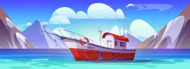 Vector illustration of Fisher boat in sea vector cartoon illustration