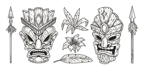 ilustraciones, imágenes clip art, dibujos animados e iconos de stock de tiki se enfrenta a la etiqueta monocromática - guerrero azteca