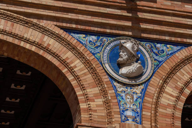 Decorative Medallion with the effigy of Francisco Pizarro at Plaza de Espana - Seville, Andalusia, Spain Seville, Spain - Apr 5, 2019: Decorative Medallion with the effigy of Francisco Pizarro at Plaza de Espana - Seville, Andalusia, Spain francisco pizarro stock pictures, royalty-free photos & images