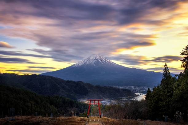 istock a mountain with a red gate in the foreground of it 1494058076