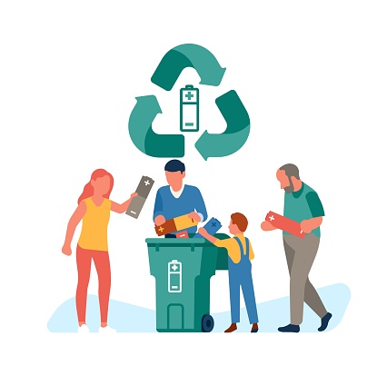 Recycling batteries. People group throw away used electric alkaline accumulators in special garbage container. Waste utilization. Bin for trash sorting. Disposal and rubbish separation. Vector concept