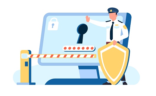 Confidential information protection. Security officer protects data on computer. Barrier and shield. Password lock. Privacy secure. Network safety. Cyber technology. Account guarding. Vector concept