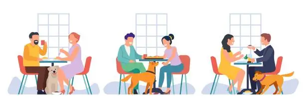 Vector illustration of Dog and people eat together in same cafe. Pet friendly. Men and woman sitting at table, dinner or lunch in restaurant, happy animals with owners cartoon flat style isolated vector concept