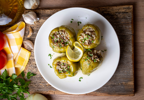 Traditional delicious Turkish food; stuffed bell peppers with meat (Turkish name; Etli biber dolmasi)