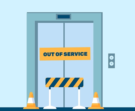 Elevator does not work. Out of service. Lift repair in hall. Closed failure metal sliding doors. Stop barrier. Lobby interior. Fixing maintenance. Blocked broken doorway. Warning sign. Vector concept