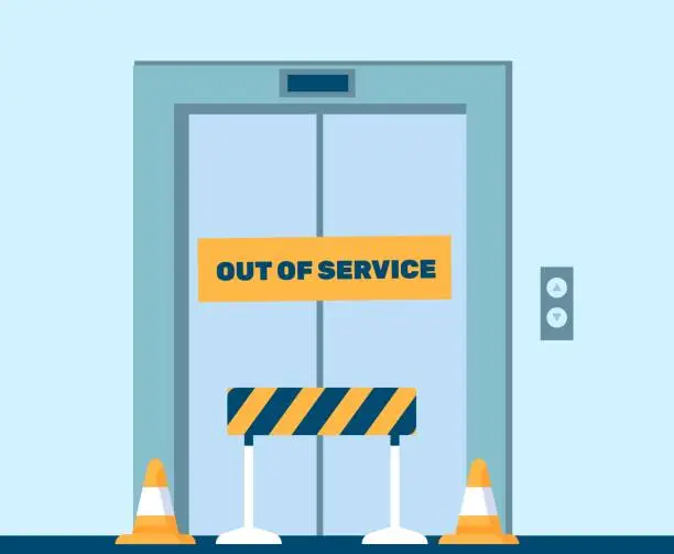 Vector illustration of Elevator does not work. Out of service. Lift repair in hall. Closed failure metal sliding doors. Stop barrier. Lobby interior. Fixing maintenance. Blocked broken doorway. Vector concept