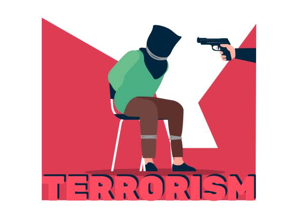 ilustrações de stock, clip art, desenhos animados e ícones de terrorist points gun at kidnapped hostage with bag over his head. terrorism poster. criminal violence. victim of bandits. ransom demand. weapon in hand. threat of kill. vector concept - gun handgun violence kidnapping