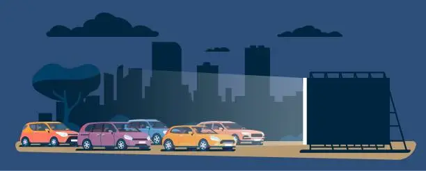 Vector illustration of Drive movie. Car cinema theater event. Autos against city backdrop. Evening entertainment. Cinematography night show. Film screen. Outdoor performance. Automobile parking. Vector concept