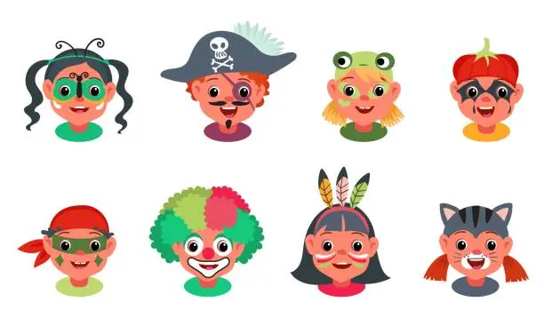 Vector illustration of Kids faces painting. Boys and girls with carnival makeups. Entertainment for children. Pirate or Indian. Animals festival party costumes. Little people heads with masks. Splendid vector set