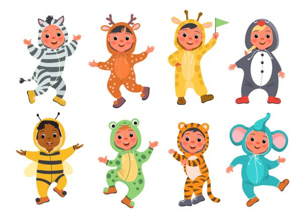 아이 동물 드레스입니다. 귀여운 잠옷과 양복을 입은 재미있는 아이들. 행복한 소년 소녀들. 카니발이 착용합니다. 다른 키구루미 의상. 할로윈과 생일 파티 복장. 스플렌디드 벡터 세트 - tiger zoo animal awe stock illustrations