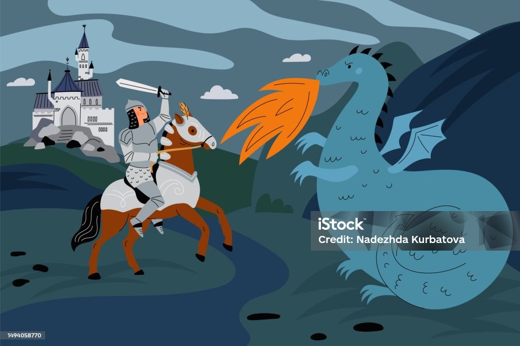 Knight In Armor And Fabulous Dragon Medieval Fairy Tale Character