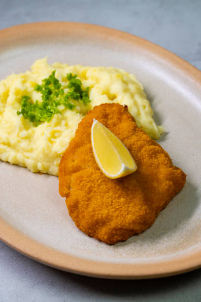 Typical Czech cuisine chicken cutlet with mashed potatoes