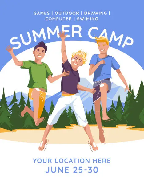 Vector illustration of advertisement of a children's summer camp. Three boys jumping on the background of a mountain forest. Vector flat illustration.